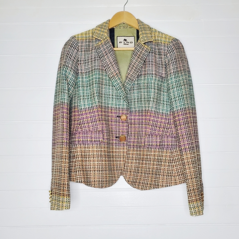 Etro Linen Woven Blend Multicolor Blazer with Wooden Buttons